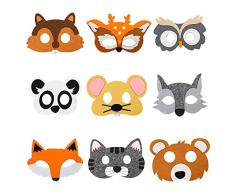 MYLERCT Maschere Animali, 9 Pezzi Maschere Feltro Animali, Morbide, Comode da Indossare, Riutilizzabili, Feltro Mascherine Cosplay per Feste di Cosplay per Compleanno, Natale, Halloween, Carnevale