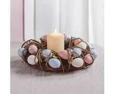 Lights4fun - Ghirlanda Pasquale Decorativa a Forma di Nido con Uova di Pasqua a Colori Pastello e Fiori e TruGlow® Candela LED per Uso in Interni