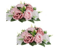 Nuptio Centrotavola di Fiori Artificiali per Tavola - 2 Pezzi Rosa Cipria e Fiori Finti Bianchi Palline Rose Diametro 24cm Composizione Rose Finte in Seta per Decorazioni Tavola per Feste Matrimonio