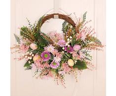ZYLLZY Ghirlanda di uova pasquali da 20 cm, con fiori artificiali di crisantemo pasquale, con foglie verdi e margherite di bacca, per la decorazione di porte anteriori e pareti
