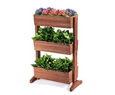 GYMAX Fioriera da Esterno in Legno di Abete, Letto Rialzato a 3 Livelli, Portafiori Verticale con 3 Vasi Regolabili e Fori di Drenaggio, Ideale per Balcone, Giardino e Cortile, 71 x 38 x 105 cm