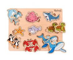 PikatoyZ Giochi bambini 1 anno e 2 3 anni. Puzzle bambini idea regalo per natale o compleanno. Puzzle legno con animali marini. Giochi montessori, gioco, giocattoli per bimba e bimbo durevoli.