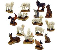 Set 15 Pezzi Animali in Miniatura per Presepe 5,5 x h. 5 cm in Resina Cani, Oce, Papere, Galline, Capre, Pecorelle Assortite Presepio Decorazioni Natalizie Paesaggio Scenario di Natale