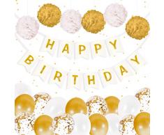 Decorazioni Compleanno Bambina | Striscione Buon Compleanno, Pompon e Palloncini | Festoni Compleanno | Addobbi per feste di Compleanno | Decorazioni Compleanno Oro e Bianco per adulti e Bambine