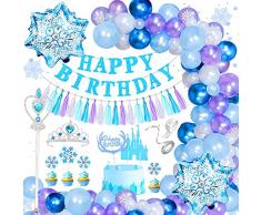PARTYPIE Frozen Palloncini Decorazioni Compleanno, Frozen Palloncini per Festa Compleanno Fiocchi Neve con Happy Birthday Banner, Palloncini Blu Viola Bianca per Ragazza Compleanno Baby Shower