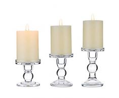Nuptio Set di 3 Portacandele in Vetro Trasparente per Candela da 75 Mm con Pilastro E Cono, 2 Supporti Centrotavola con Portacandele per Decorazioni Natalizie, Candeliere
