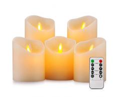 Aku Tonpa Candele senza fiamma pilastro pilastro in vera cera tremolante movimento stoppino elettrico LED candela set con telecomando ciclismo 24 ore, confezione da 5