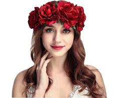YSTrillion Fiori Corona Fascia Capelli Cerchietto Fascia Rosa Rossa,Halloween Cerchietto Fascia Rosa Rossa per Donne per le Copricapi di Nozze Festa di Halloween(Rosa)