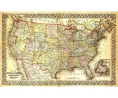 USA vintage Map b2436 A3 Poster - Carta fotografica spessa lucida (16.5/11.7 inch)(42/30 cm) - Della Decorazione parete di film Arte Attore Attrice Regalo Anime Auto Cinema Decorazione della parete