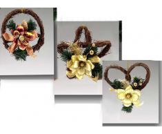 Idea Natale: ghirlanda con fiore 3 soggetti assortiti: fiore (18cm) corona (16cm) cuore (20cm)