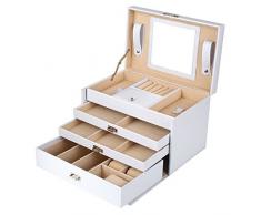 femor Cofanetto Portagioielli 3 Livelli, Scatola Portagioie con 2 Cassetti e Specchio Interni in Velluto da Viaggio con Serratura per Anelli Braccialetti Orecchini Orologi (Bianco)
