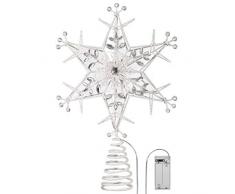 Valery Madelyn Puntale Albero Natale, 30 cm Pre-Illuminata Elegante Stella in Metallo Bianco e Dorato con 10 Luci LED Calde, a Batteria (Non Inclusa)
