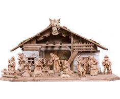 Ferrari & Arrighetti Set Presepe Artigianale Completo 18 Pezzi, Capanna + Statuine, Stile Tirolese Heimatkrippe, Legno in 3 Toni di Marrone, Linea 18 Cm - Demetz Deur