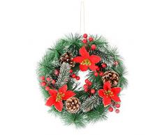 Cozlly 32CM Ghirlanda di Natale Artificiale, Ghirlanda Natalizia per Porta, Ghirlanda di Abete, Corona dellAvvento, Corona di Natale Porta con Bacche Rosse e Pigne per Interna Esterna Camino Parete