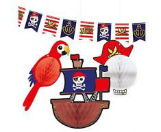 amscan 9909918 - Set di 4 Decorazioni Pirata, 1 bandierina e 3 Decorazioni a Nido dApe, Decorazione da Appendere in Carta, Ghirlanda, Compleanno per Bambini, Feste a Tema