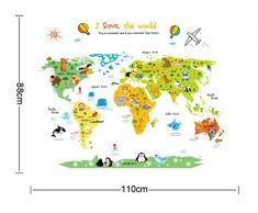 ufengke Mappa del Mondo dei Cartoni Animati Simpatico Animale Adesivi Murali, Camera dei Bambini Vivai Adesivi da Parete Removibili/Stickers Murali/Decorazione Murale