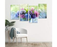 Quadri L&C ITALIA Ortensie Vintage Shabby Chic - Quadro con Fiori Moderni Soggiorno Camera da Letto Stampa su Tela da Parete 4 Pezzi Grandi 152 x 78 Multipannello - Blu Viola Rosa