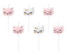 Dream s Party Set 6 Candele - Candela a Forma di Faccia di Gatto Gattino Rosa e Bianco - Candelina per Torta e Dolci - Candela di Compleanno in Cera