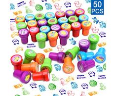 Gejoy 50 Pezzi Timbri di Pasqua Timbro Autoinchiostranti Francobolli di Pasqua Stampatori di Uova e Coniglio per Pasqua Cestino Bomboniere Stuffer di Festa Pasquale, 10 Stili