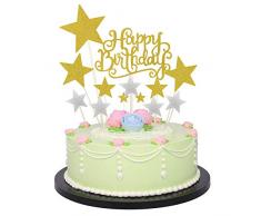Allazone Cake Topper Compleanno Decorazione per Torte e Cupcake Oro e Argento, 1 Pz Oro Buon Compleanno Torta Topper e 12 Pz Stelle Happy Birthday Cake Topper