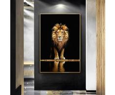Golden Lion In The Dark Tela Dipinto Wall Art Animali Poster e stampe Leoni Immagini incorniciate Decorazione murale 60x80 cm / 24x32 pollici Con-cornice-dorata