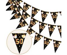 HOWAF 50 Decorazioni Compleanno Oro Nero, 50 Anni Anniversario Bandierine 50 Compleanno Striscione Triangolari Ghirlanda Decorazione di Festa Compleanno per Uomo Donna