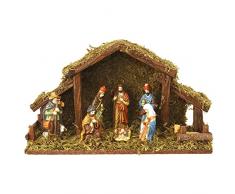 ToCi - Presepe di Natale con statuine dipinte a mano, stalla con illuminazione a LED, 8 pezzi, 39 x 10 x 22 cm, decorazione natalizia