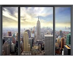 decomonkey carta da parati New York Finestra 300x210 cm fotomurali non tessuto murale XXL Poster moderna decorazione Carta per pareti Grafica Architettura Città 3d Panorama Cielo colorato