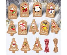 Etichette Natale, Chiudipacco Natalizi, Bigliettini Natale Piccoli con Spago, Utilizzate per Confezione Regalo Natale, Decorazioni per albero di Natale (Carta Kraft)