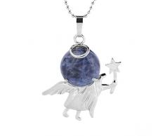 &ET Ciondoli Pietre, Bastone da Fata Angioletto Avvolto in Pietra Preziosa Naturale Collana in Cristallo Sodalite di Forma Rotonda con Catena in Argento per Regalo di Natale da Donna Uomo