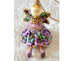 Decorazioni artigianali per albero di natale, Angelo Lucente; realizzato con perline vari tipi e grandezze, cristallo; Tecnica: tessitura perline, peyote; colori: viola