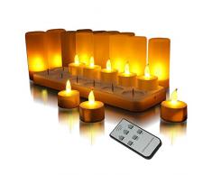QSPORTPEAK Set di 12 Candela LED ricaricabili,Tealights senza fiamma,con stazione di ricarica,Natale, matrimonio, festa（Gialla Con Controllo remoto）