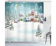 ABAKUHAUS Natale Tenda da Doccia, Neve Città Vacanze Invernali, Tessuto Set di Decorazioni per Il Bagno con Ganci, per la Vasca da Bagno, 175 cm x 200 cm, Cadet Blu Multicolor