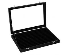 SONGMICS Cofanetto Portagioielli Nero con Coperchio, Pannello di MDF, Vetro, Contenitore per Gioielli con Spazio per 100 Anelli, Espositore, Similpelle JDS301