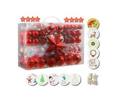 Poshlr Palla di Natale, kit di 145 pezzi, incluse palline trasparenti, ornamento in legno, albero topper (rosso)