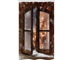 ABAKUHAUS Inverno Tenda da Doccia Stalla, Albero di Natale in Cabina, Set per Il Bagno in Tessuto con Ganci, 120 cm x 180 cm, Marrone Bianco