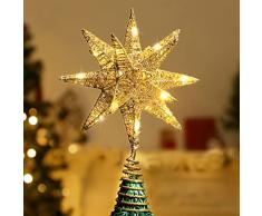 Lewondr Puntale Albero di Natale, Decorazione Natalizia con Luce LED Forma di 3D Stella, con Base Elastico Decorazione Natalizia Albero Tradizionale di Natale Decorazioni per Casa - Oro Champagne