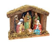ToCi - Presepe di Natale con statuine dipinte a mano, stalla con illuminazione a LED, 7 pezzi, 20 x 8 x 15 cm, decorazione natalizia