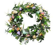 EESLL Corona pasquale per porta dingresso, corona di uova di Pasqua con fiori misti felci e bacche, ghirlande di porta pasquale, corona per porta di Pasqua, decorazione per casa e giardino