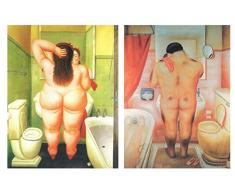 Set di 2 quadri di Botero, su legno, motivo: bagno
