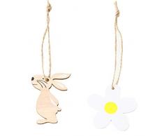 Eternitry Ornamento in Legno Forma Coniglio di Pasqua Kit Fiore Bianco Decorazioni per la casa Ciondolo Coniglietto in Stile Nordico con Corda di Canapa Lunga 25 cm (8PCS)