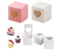 40 Pezzi Scatole per Cupcake, Contenitori per Cupcake, Scatole per Muffin, PVC Cartone Scatole Regalo Cupcake con Finestra Trasparente a Forma Cuore per Compleanno, Festa, Matrimonio (Rosa, Bianco)