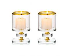 Sziqiqi Portacandele a Colonna in Cristallo, Set di 2 Candelieri in Vetro Trasparente, Candelabri Centro Tavola Moderno per Soggiorno Matrimonio Porta Candele per Decorazione Natalizia, Oro