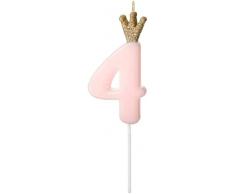 Candela in cera numero 4 Quattro ROSA con coroncina ORO glitter - numerale h 9cm - Candelina per Torta e dolci - candela di primo compleanno in cera a forma di numero