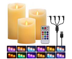 ALED LIGHT Candele LED Senza Fiamma, Bianco Caldo Multicolor Real Wax Pilastro Luce Candela Ricaricabili USB, con Telecomando e Timer, Lampada Candela per Natale Feste Decorazione Casa Matrimonio