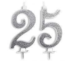 Candeline Maxi 25 Anni di Matrimonio Festa Compleanno 25 Anni | Decorazioni Candele per Torta Anniversario Auguri Torta 25 | Festa a Tema | Altezza 13 CM Argento Glitter