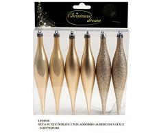 Idea Natale: Set 6 punte decorazioni natalizie oro dorate - lisce opache glitterate - per addobbi albero di Natale