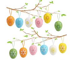 OUOQI 12 Pezzi Uova di Pasqua,Uova Decorative,Uova di Pasqua da Appendere,Uova di Pasqua Finte,Uova di Pasqua Plastica,Plastica Colorata Uova con Corda,Colorate Decorazioni Pasquali,Uova di Plastica