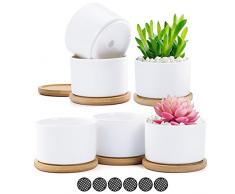 Coolty 6pcs Rotondo Sucuulent Erba Vaso, Vasi per Piante Grasse con bambù Vassoio, Cactus Vaso per la Casa e LUfficio Perfetto Idea Regalo, 8.1CM