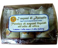I saponi di Ascanio Trittico di saponi liquidi all'olio di oliva 1 neutro, 1 alla rosa e 1 alla violetta
